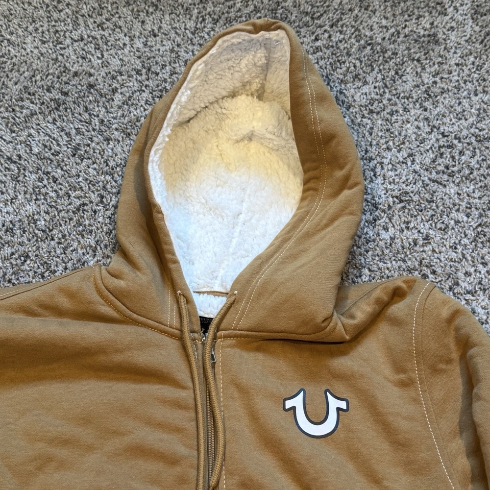 True Religion Mens Buddha Sherpa Full Zip Hoodie Dijohn Tan Sz Medium New - Picture 2 of 6